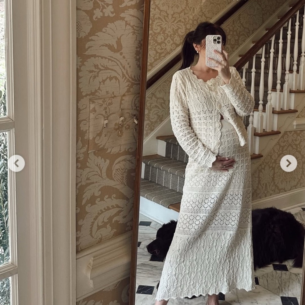 Cream Crochet Knit Button-Front Women's Sweater/Skirt Set